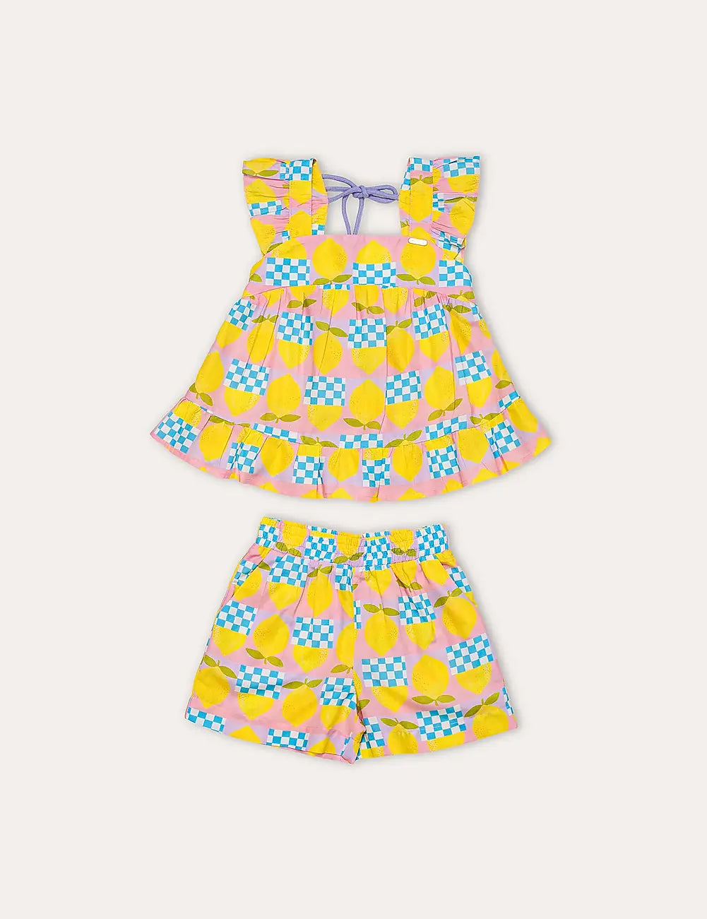 Conjunto infantil feminino com blusa de alças largas e short, estampa geométrica em amarelo e rosa