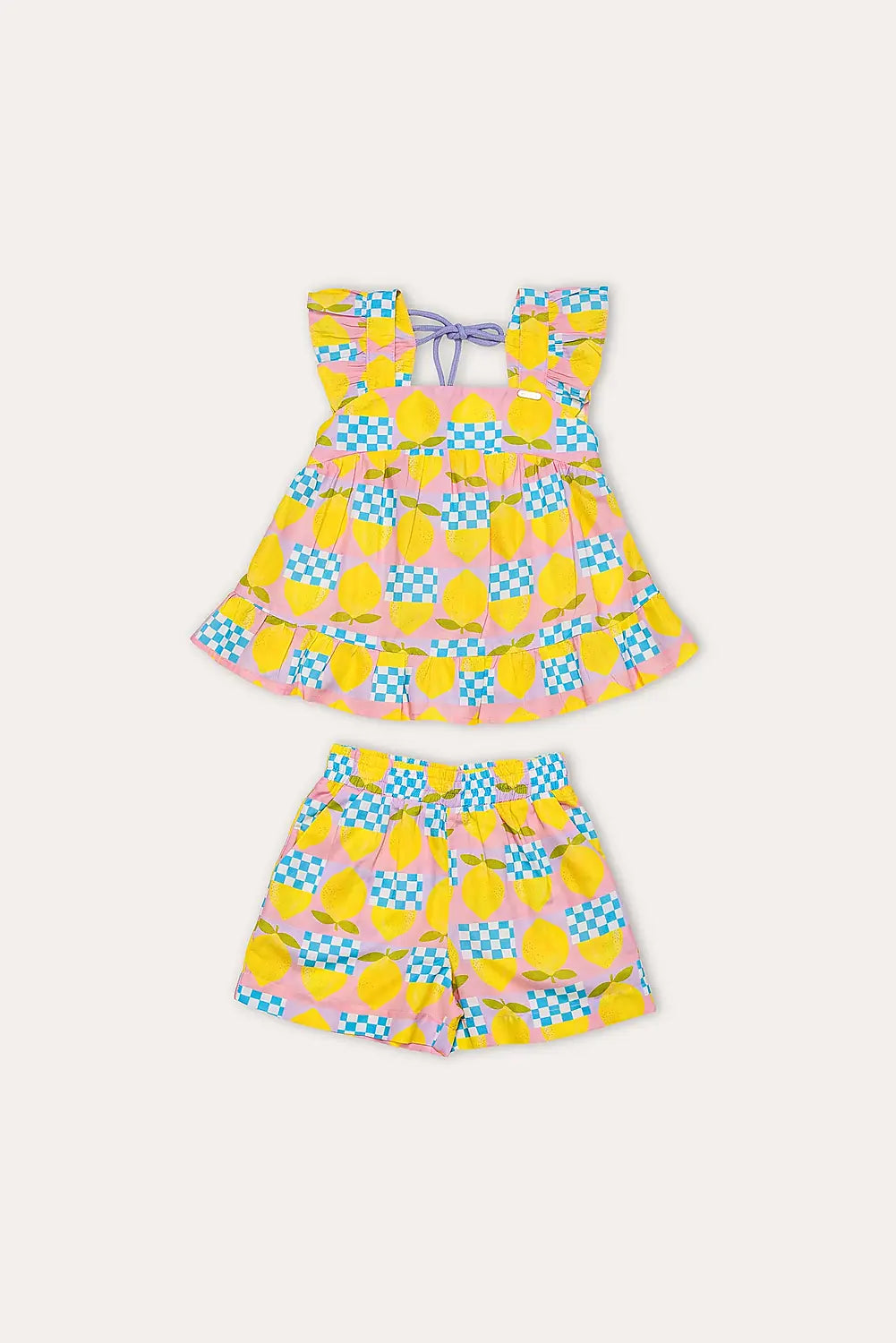 Conjunto infantil feminino com blusa de alças largas e short, estampa geométrica em amarelo e rosa