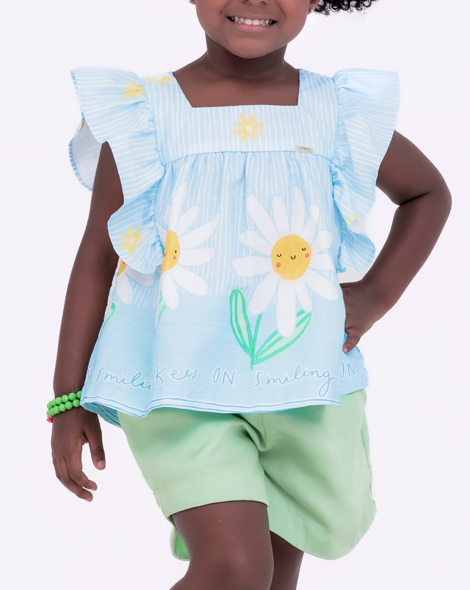 Conjunto com blusa floral e short liso infantil feminino Antonita para meninas de 4 a 16 anos