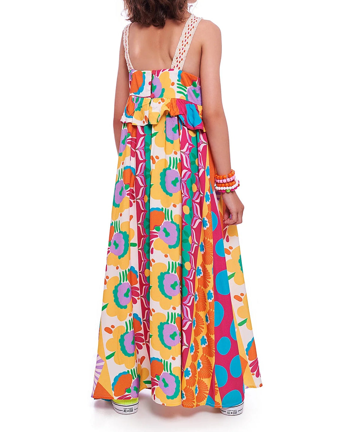 Vestido midi feminino infantil com estampa patchwork colorida e alças finas