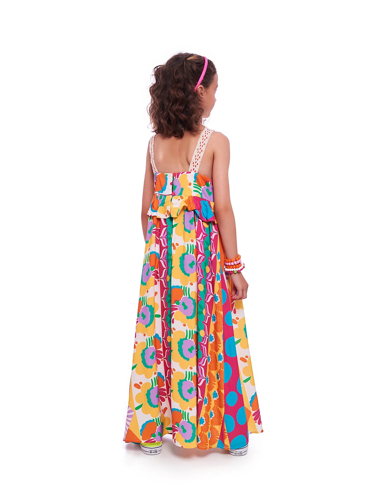 Vestido midi feminino infantil com estampa patchwork colorida e alças finas