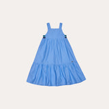 Vestido feminino infantil azul com alças largas e saia em camadas