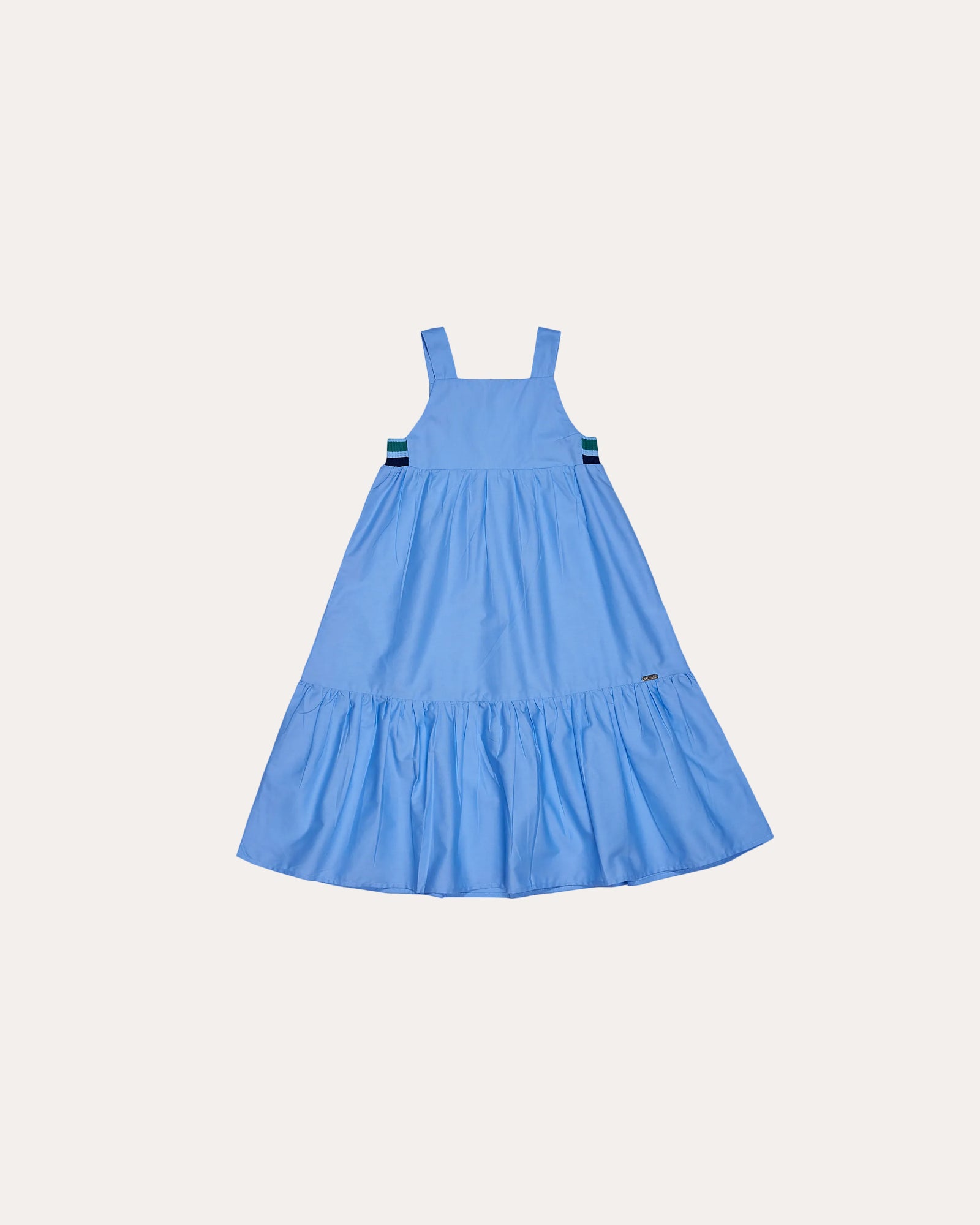 Vestido feminino infantil azul com alças largas e saia em camadas