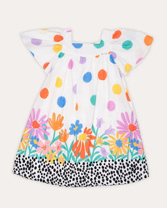 Vestido infantil com estampa de flores coloridas e bolinhas, mangas amplas e saia solta