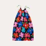 Vestido midi feminino infantil com estampa floral colorida e alças com pompons