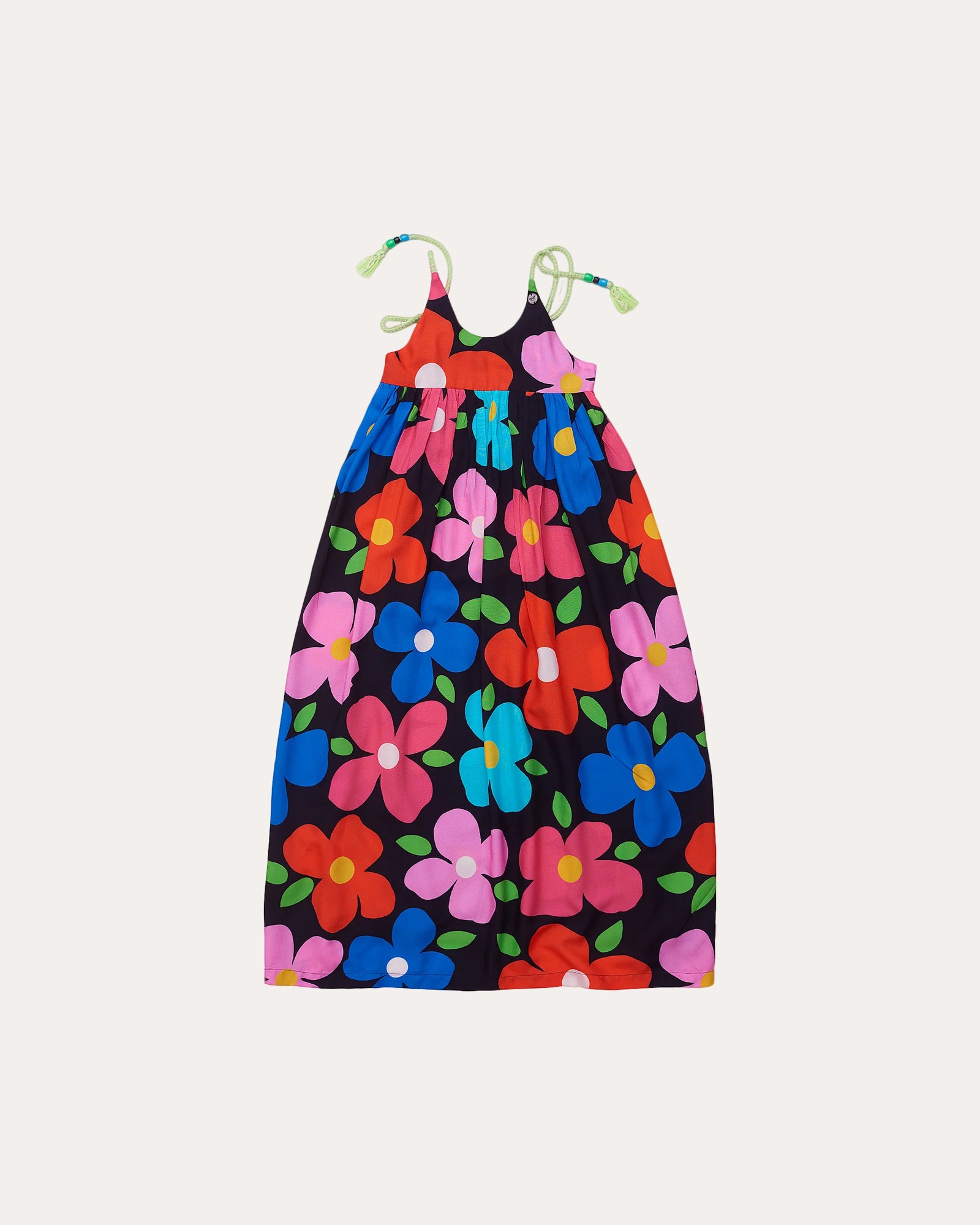 Vestido midi feminino infantil com estampa floral colorida e alças com pompons