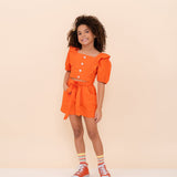 Conjunto feminino infantil coral com blusa de babados e short leve