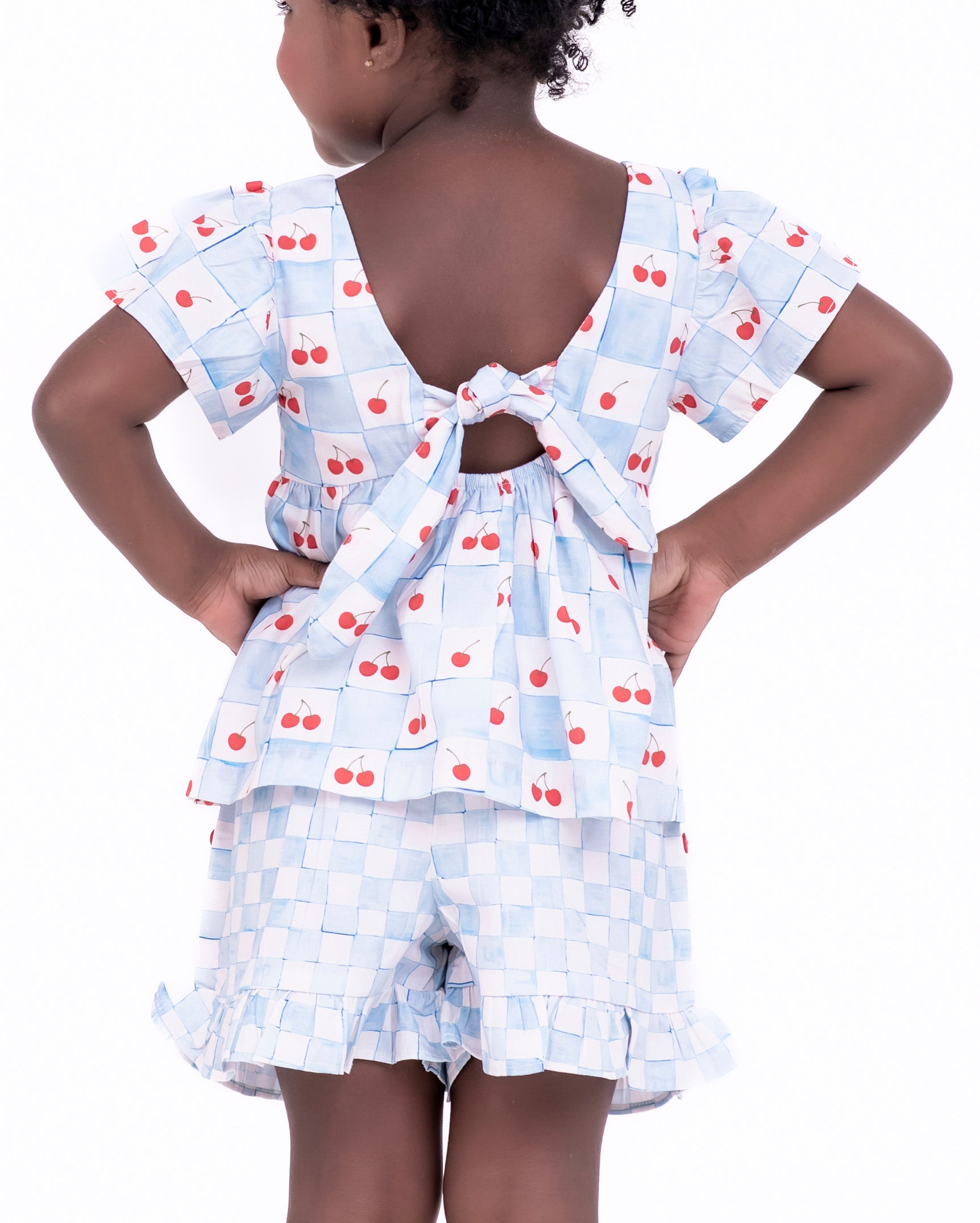 Conjunto com blusa e shortinho estampado Vichy Cherry infantil feminino Antonita para meninas de 4 a 16 anos