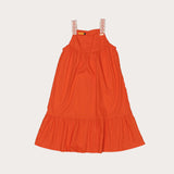 Vestido coral infantil com alças largas e saia solta, detalhes em trançado