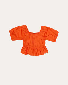 Blusa infantil feminina com mangas bufantes e detalhe de franzido na parte frontal