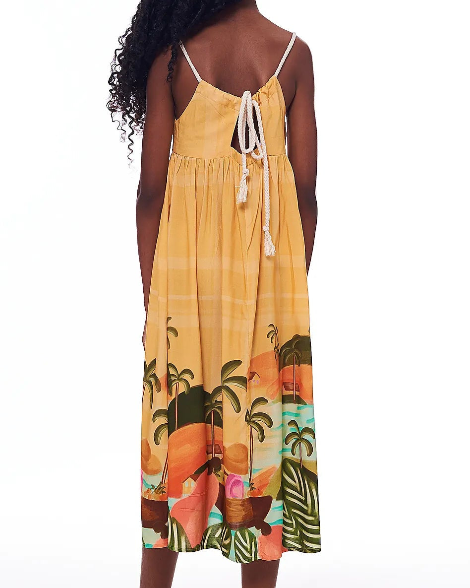 Vestido midi feminino infantil amarelo com estampa de flamingos e palmeiras