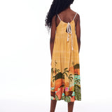 Vestido midi feminino infantil amarelo com estampa de flamingos e palmeiras