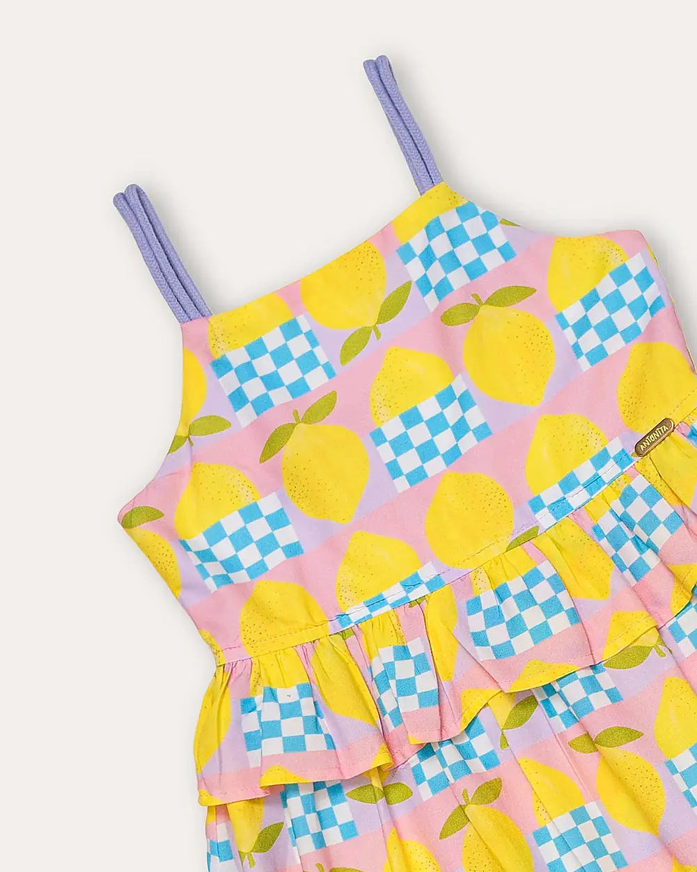 Vestido midi feminino infantil amarelo com estampa de círculos e quadrados coloridos, alças finas e saia rodada