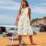 Vestido infantil com estampa de peixes coloridos e saia ampla