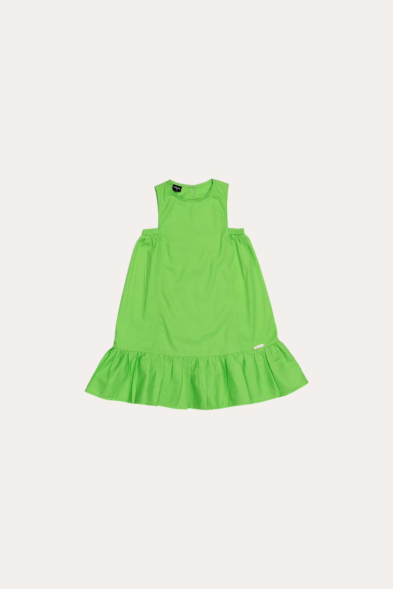 Vestido maca verde com alças largas e saia ampla com babados, feminino infantil