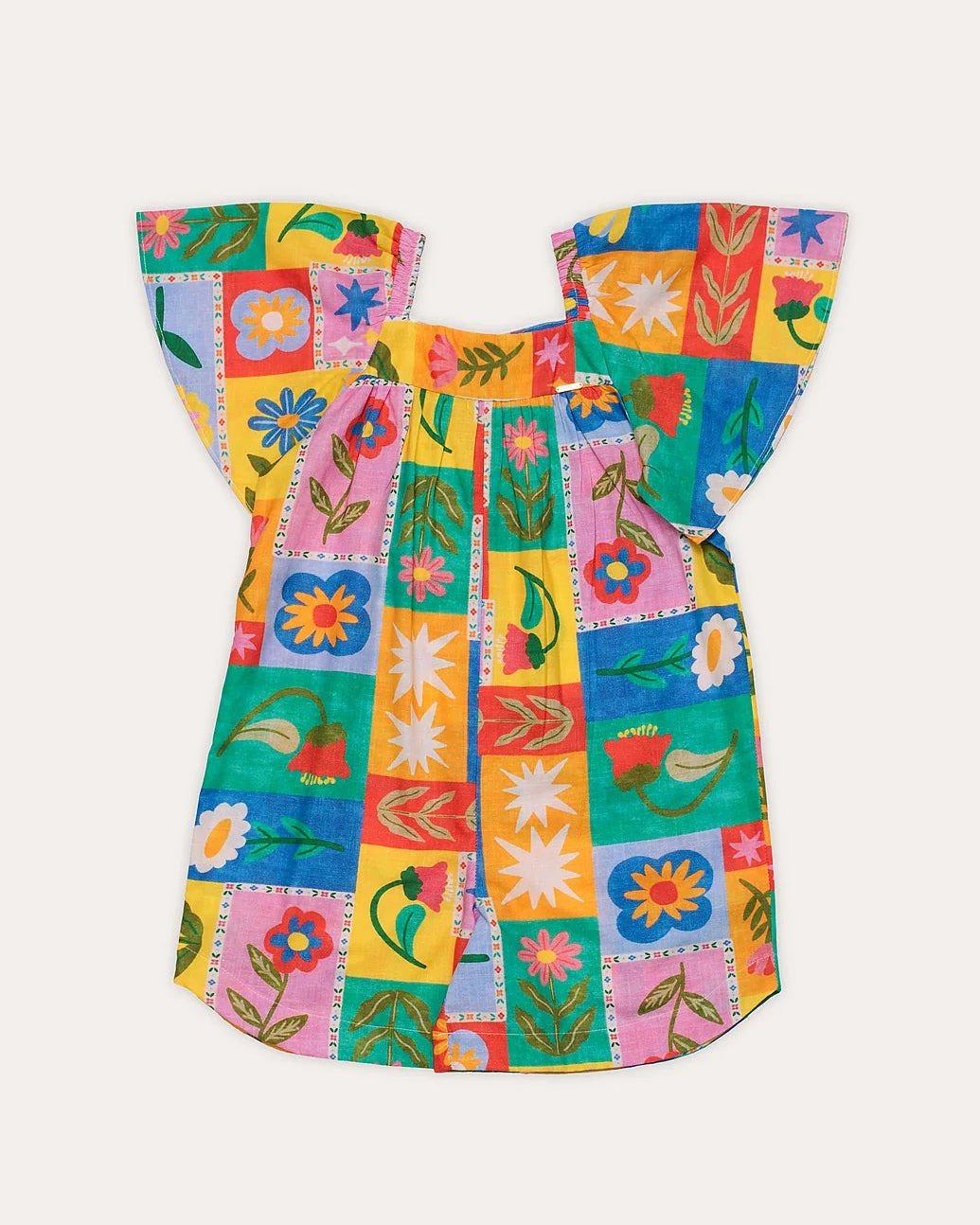 Macacão feminino infantil com estampa de flores coloridas e mangas amplas