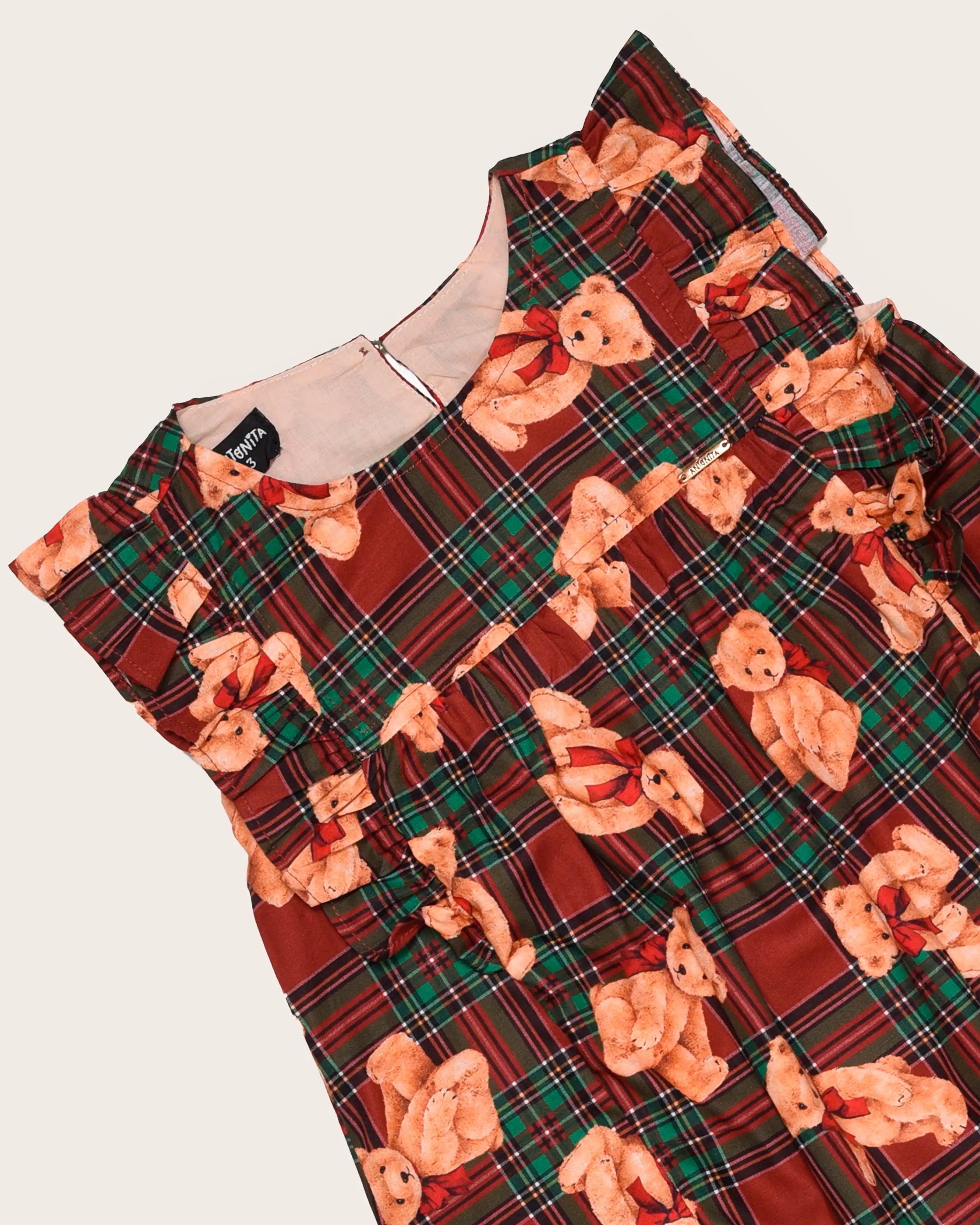 Vestido com estampa de ursos xadrez infantil feminino Antonita para meninas