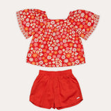 Conjunto infantil feminino com blusa floral vermelha e short liso, ideal para meninas