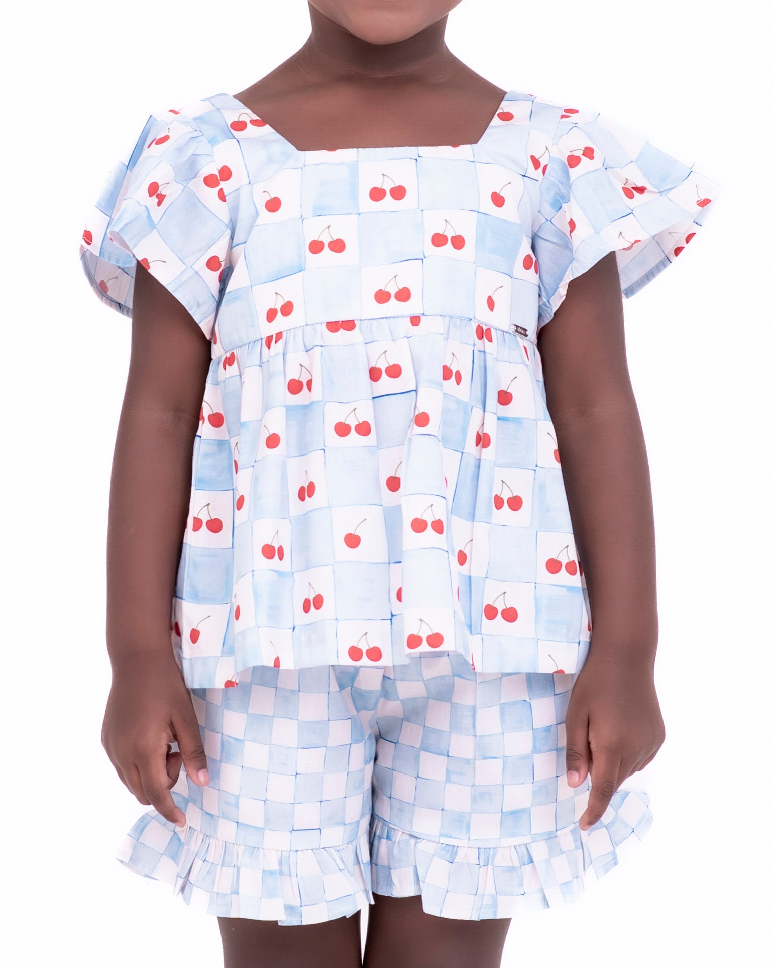 Conjunto com blusa e shortinho estampado Vichy Cherry infantil feminino Antonita para meninas de 4 a 16 anos