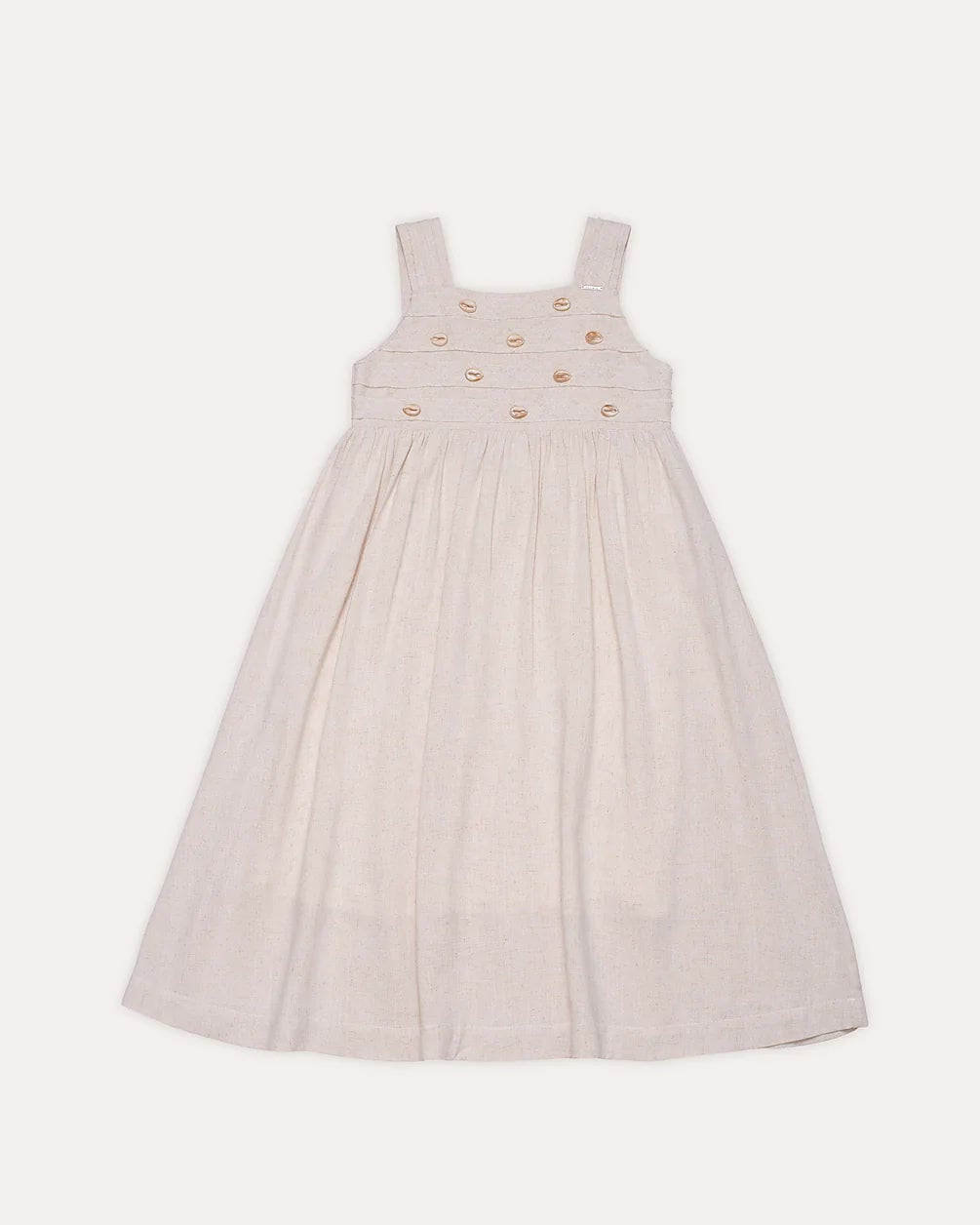 Vestido feminino infantil com alças largas e botões frontais, tom neutro e saia ampla