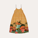 Vestido midi feminino infantil amarelo com estampa de flamingos e palmeiras