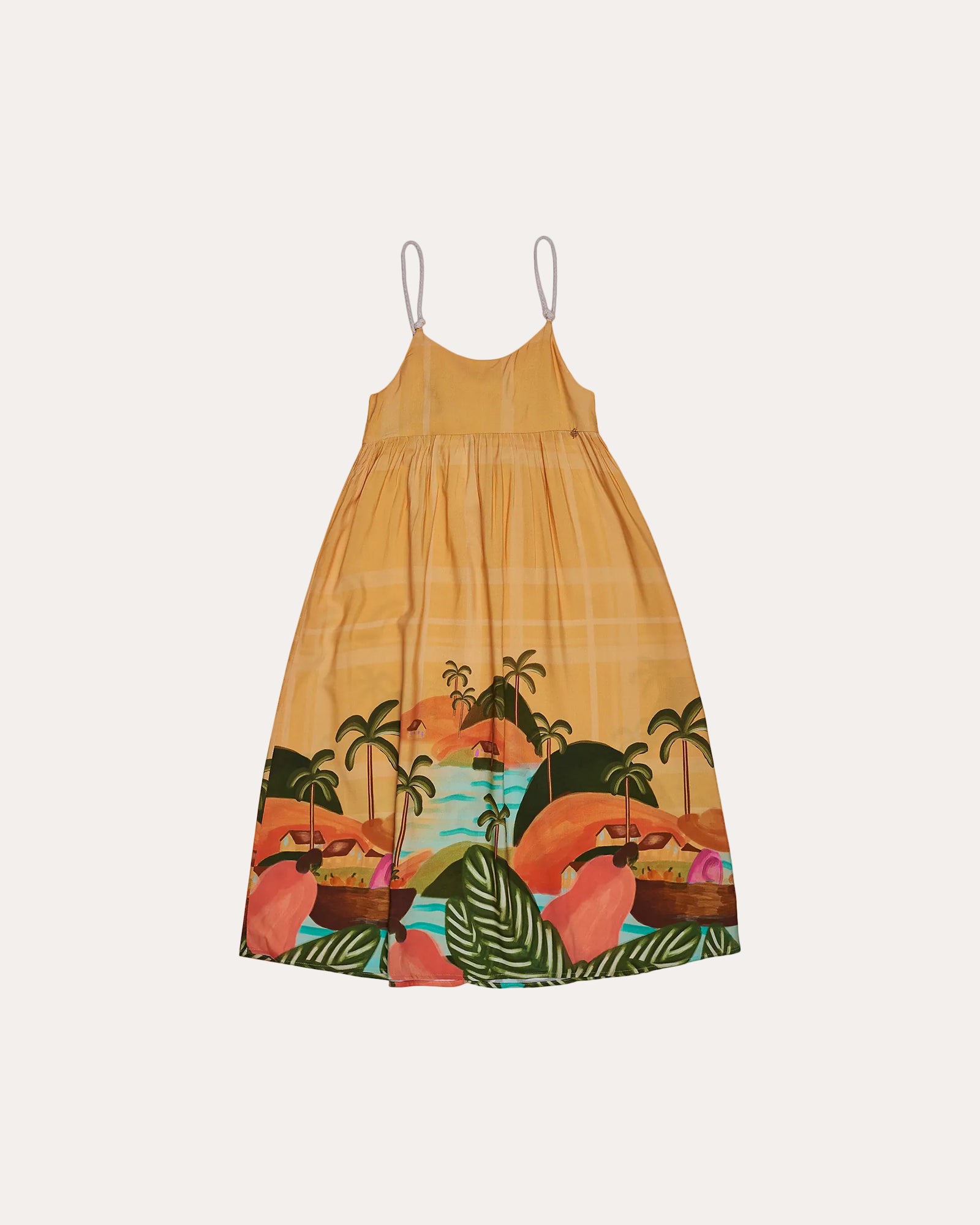 Vestido midi feminino infantil amarelo com estampa de flamingos e palmeiras