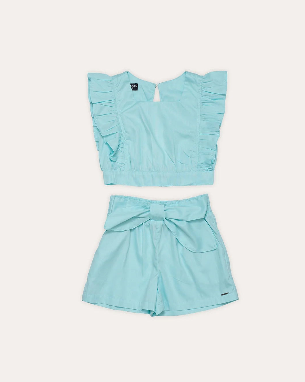 Conjunto feminino infantil azul com blusa de alças largas e short leve