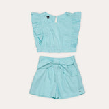 Conjunto feminino infantil azul com blusa de alças largas e short leve