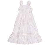 Vestido curto branco com alças largas e detalhe de renda na barra