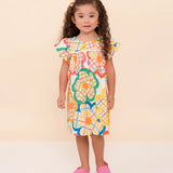 Vestido infantil feminino com estampa floral colorida e alças largas, ideal para meninas de 0 a 3 anos