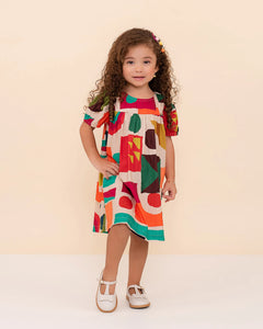Vestido infantil com estampa geométrica colorida e mangas curtas, ideal para meninas de 0 a 3 anos