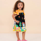 Vestido infantil com estampa de casas e árvores, mangas bufantes, ideal para meninas de 0 a 3 anos