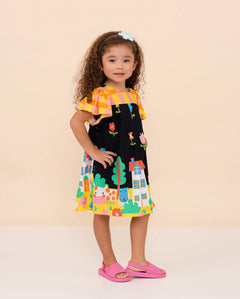 Vestido infantil com estampa de casas e árvores, mangas bufantes, ideal para meninas de 0 a 3 anos