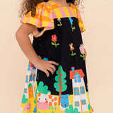 Vestido infantil com estampa de casas e árvores, mangas bufantes, ideal para meninas de 0 a 3 anos