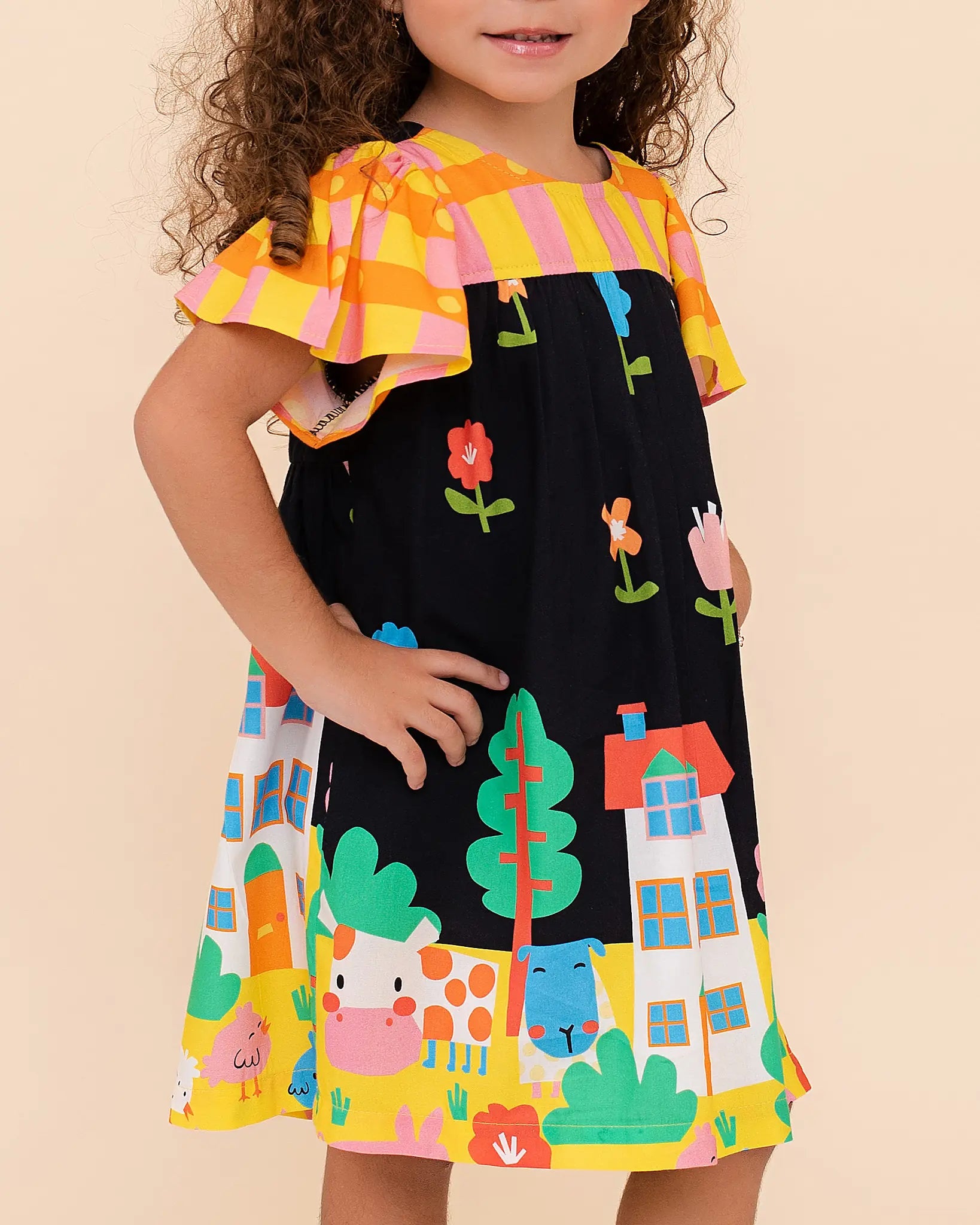 Vestido infantil com estampa de casas e árvores, mangas bufantes, ideal para meninas de 0 a 3 anos