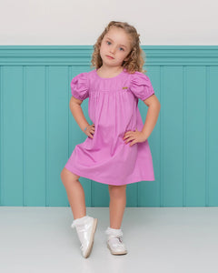 Vestido curto lilás com mangas bufantes e detalhe franzido, feminino infantil