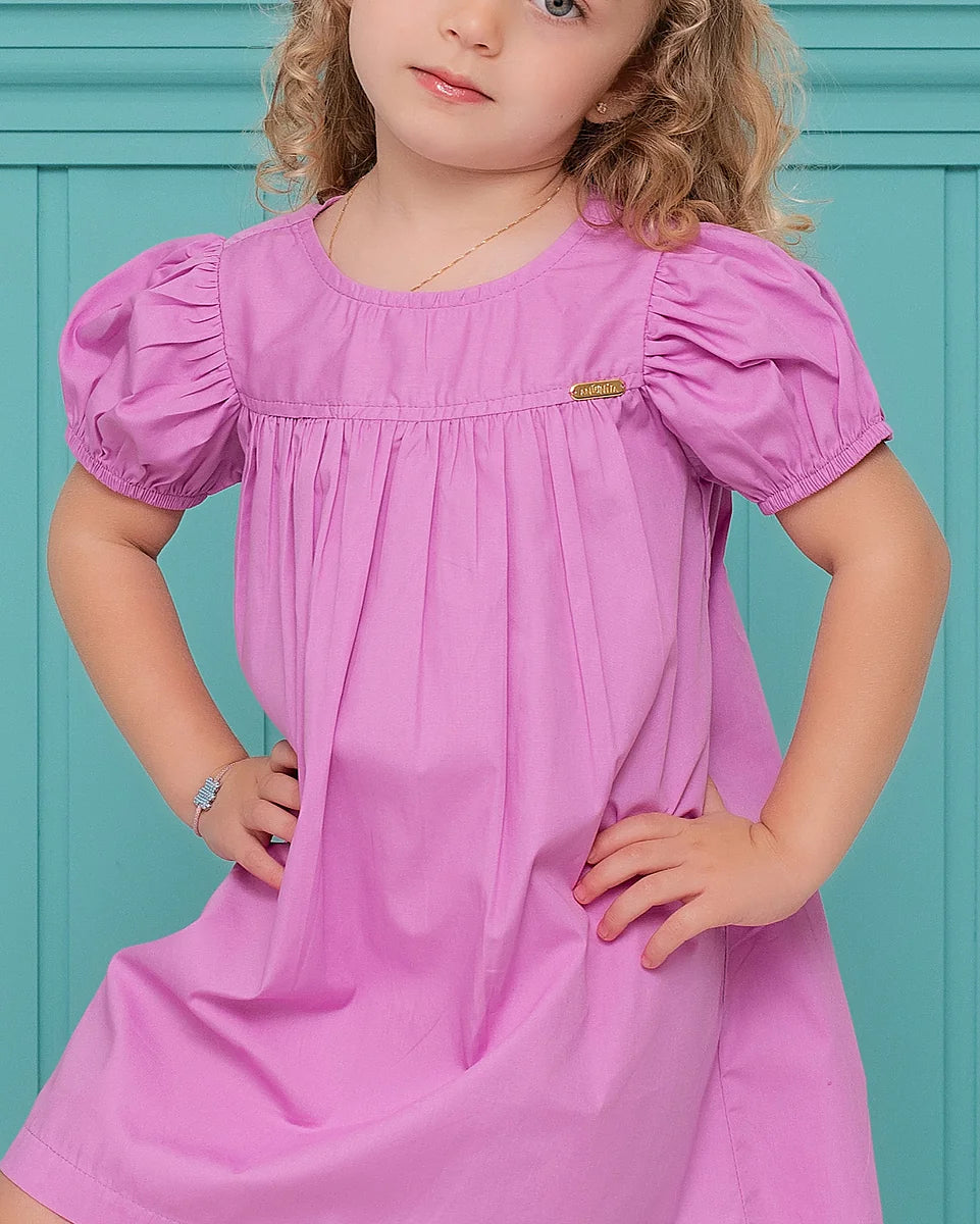 Vestido curto lilás com mangas bufantes e detalhe franzido, feminino infantil
