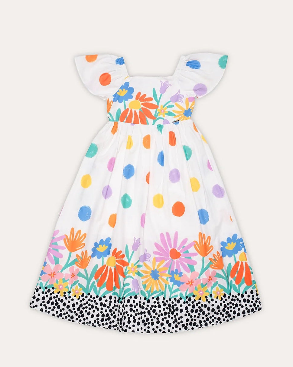 Vestido midi feminino infantil com estampa de flores e bolinhas coloridas, mangas bufantes e saia solta