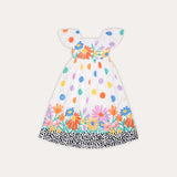 Vestido midi feminino infantil com estampa de flores e bolinhas coloridas, mangas bufantes e saia solta
