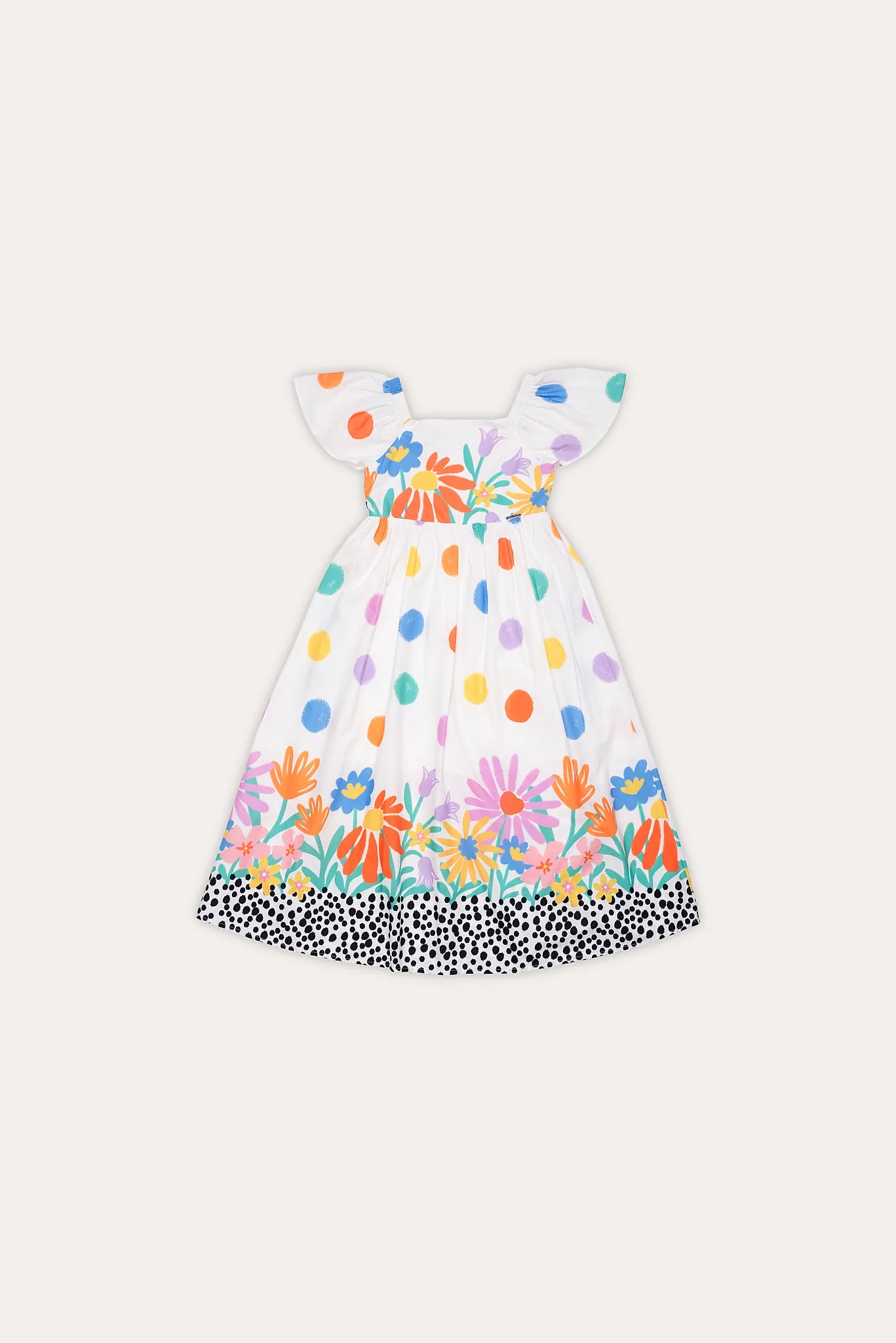 Vestido midi feminino infantil com estampa de flores e bolinhas coloridas, mangas bufantes e saia solta