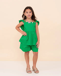 Conjunto infantil feminino verde sem manga leve e fresco