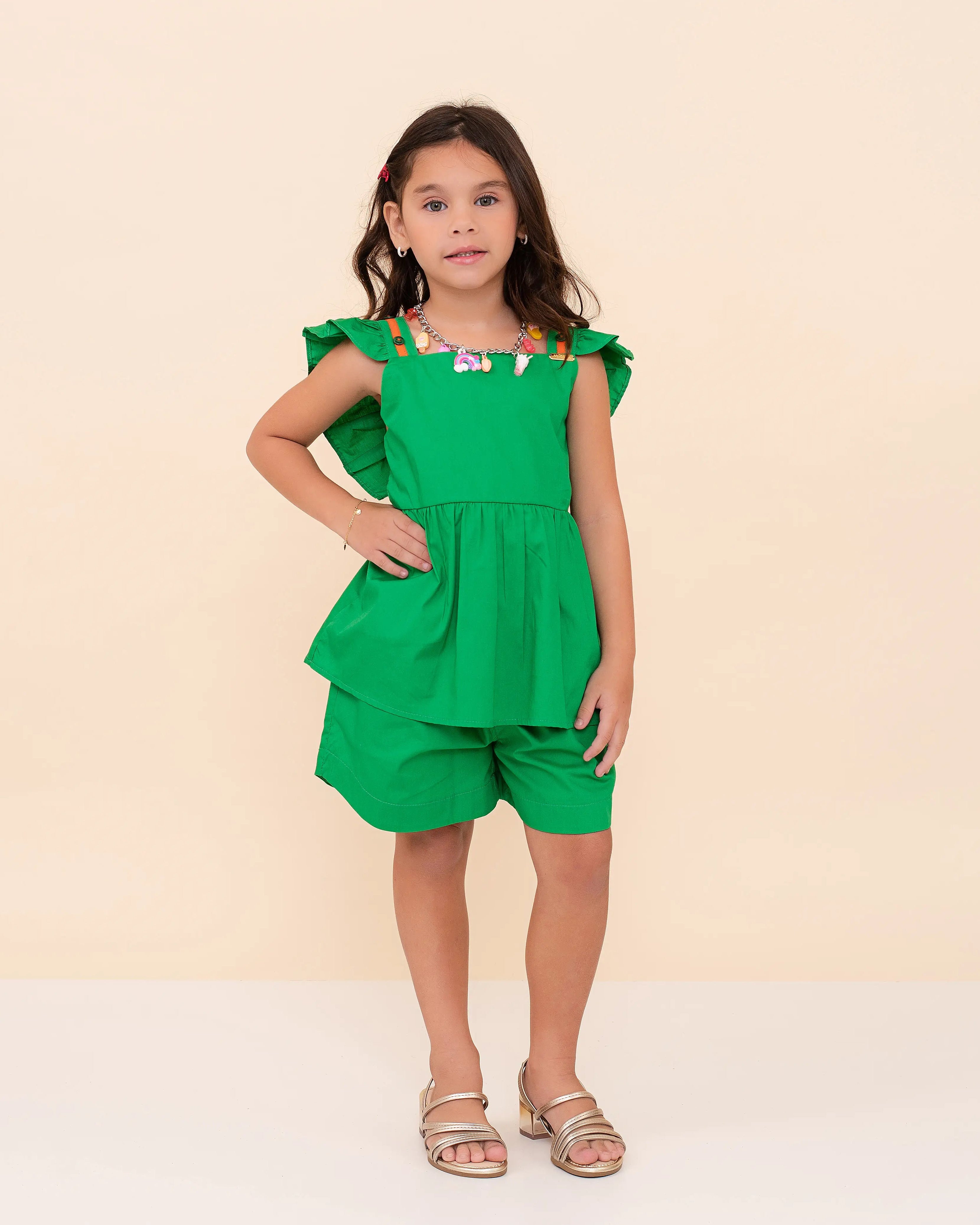 Conjunto infantil feminino verde sem manga leve e fresco