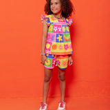 Conjunto infantil feminino com blusa estampada de frutas e short colorido