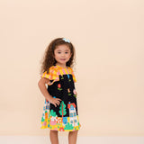 Vestido infantil com estampa de casas e árvores, mangas bufantes, ideal para meninas de 0 a 3 anos