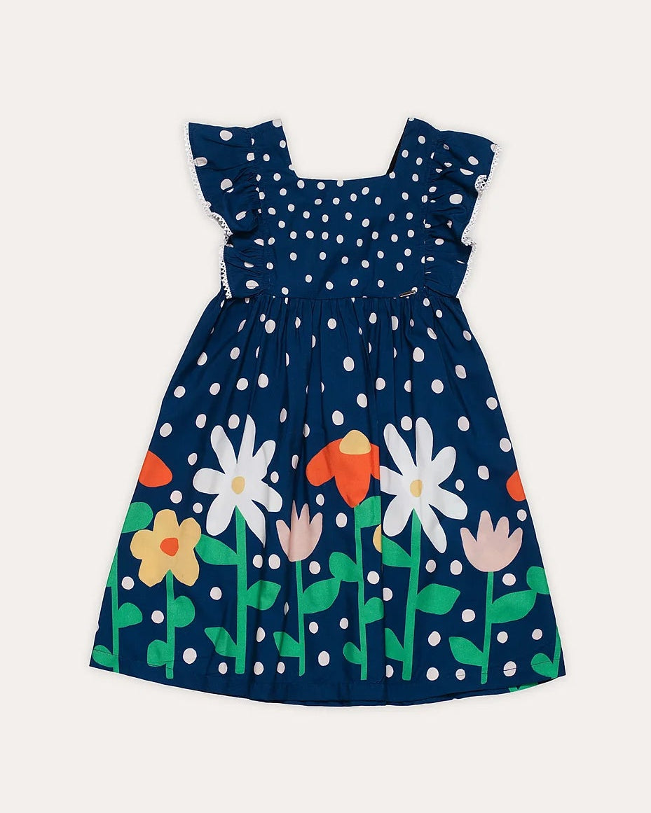 Vestido feminino infantil azul marinho com estampa de flores coloridas e alças largas