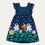 Vestido feminino infantil azul marinho com estampa de flores coloridas e alças largas