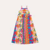 Vestido midi feminino infantil com estampa patchwork colorida e alças finas