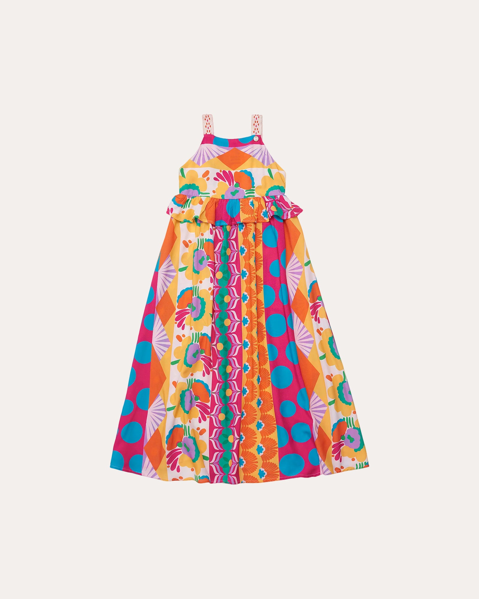 Vestido midi feminino infantil com estampa patchwork colorida e alças finas