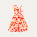 Vestido midi feminino infantil com estampa de corações e formas geométricas em rosa e laranja