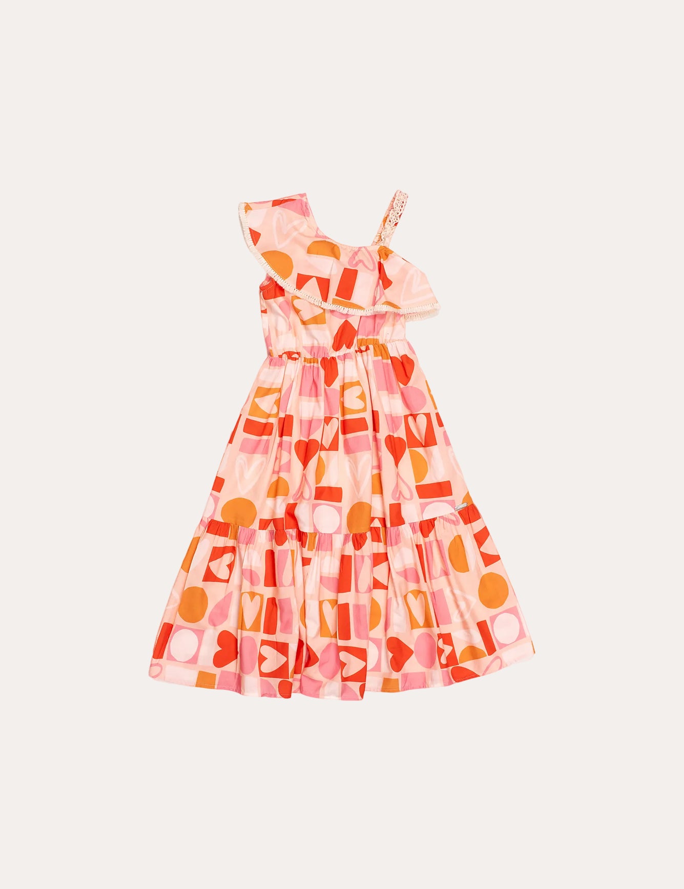 Vestido midi feminino infantil com estampa de corações e formas geométricas em rosa e laranja